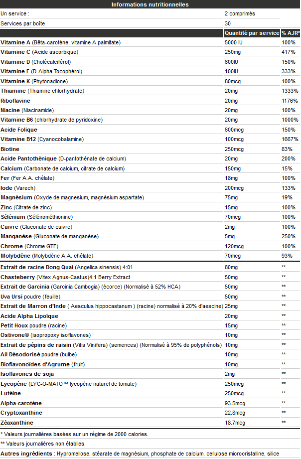 Informations nutritionnelles Opti-Women d'Optimum Nutrition
