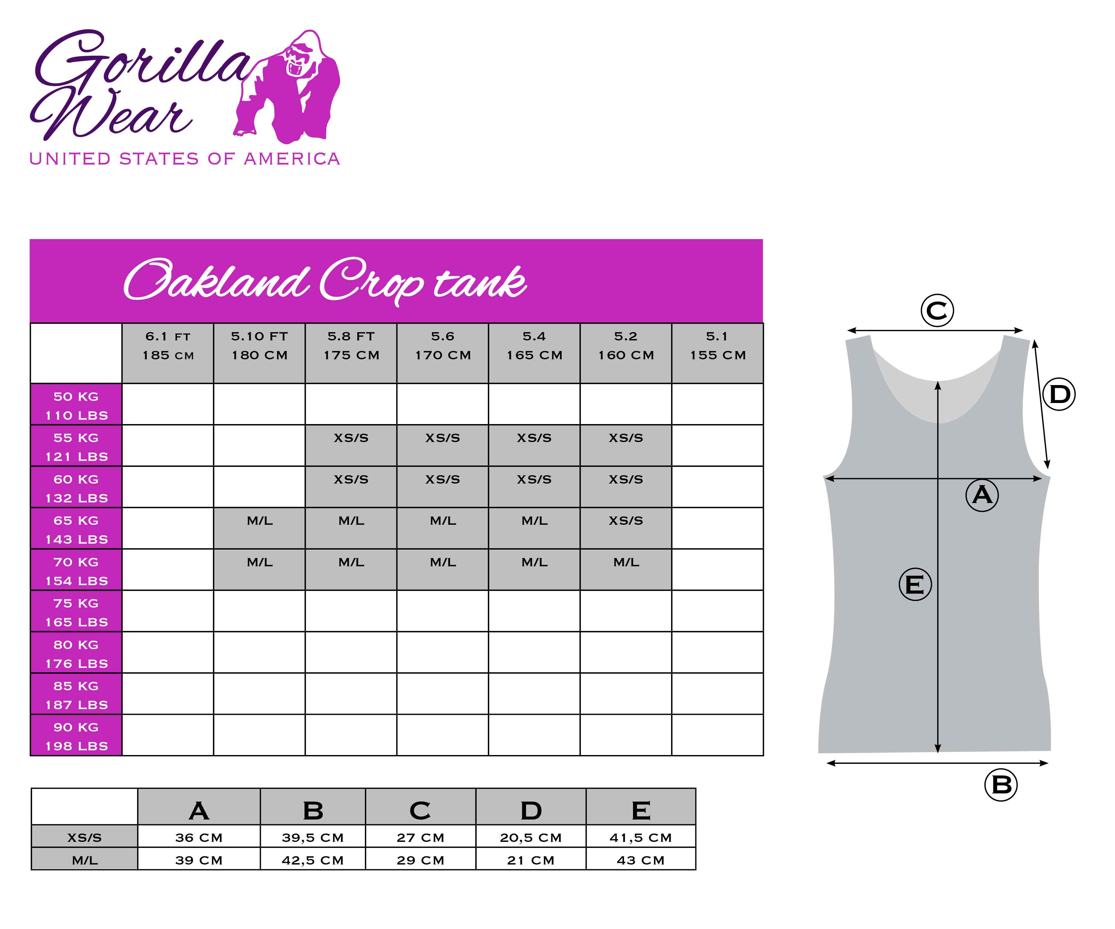 Guide des tailles Oakland Crop Tank de Gorilla Wear