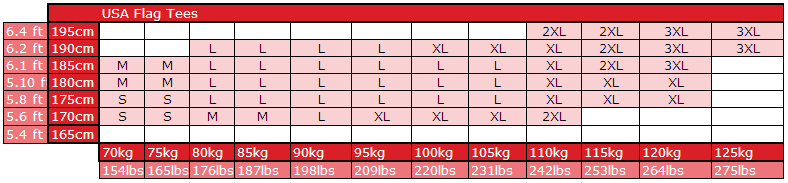 Guide des tailles USA Flag Tee de Gorilla Wear