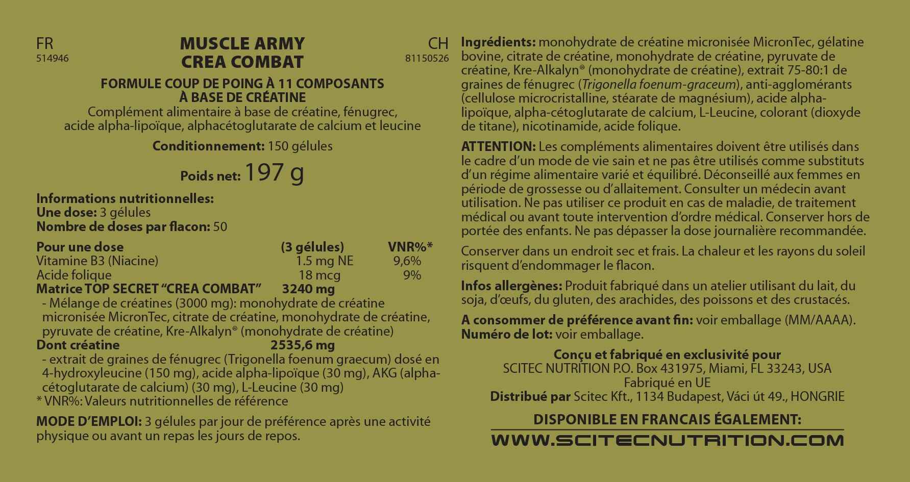 Informations nutritionnelles Crea Combat de Muscle Army
