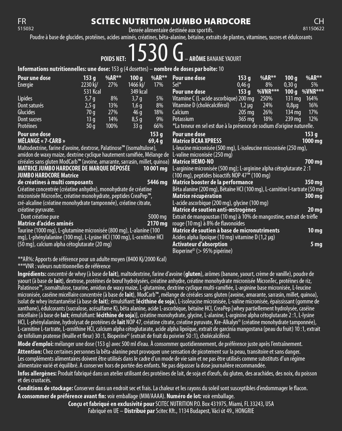 Informations nutritionnelles Jumbo Hardcore de Scitec Nutrition