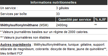 Informations nutritionnelles Mega MSM 100 caps de Scitec Nutrition